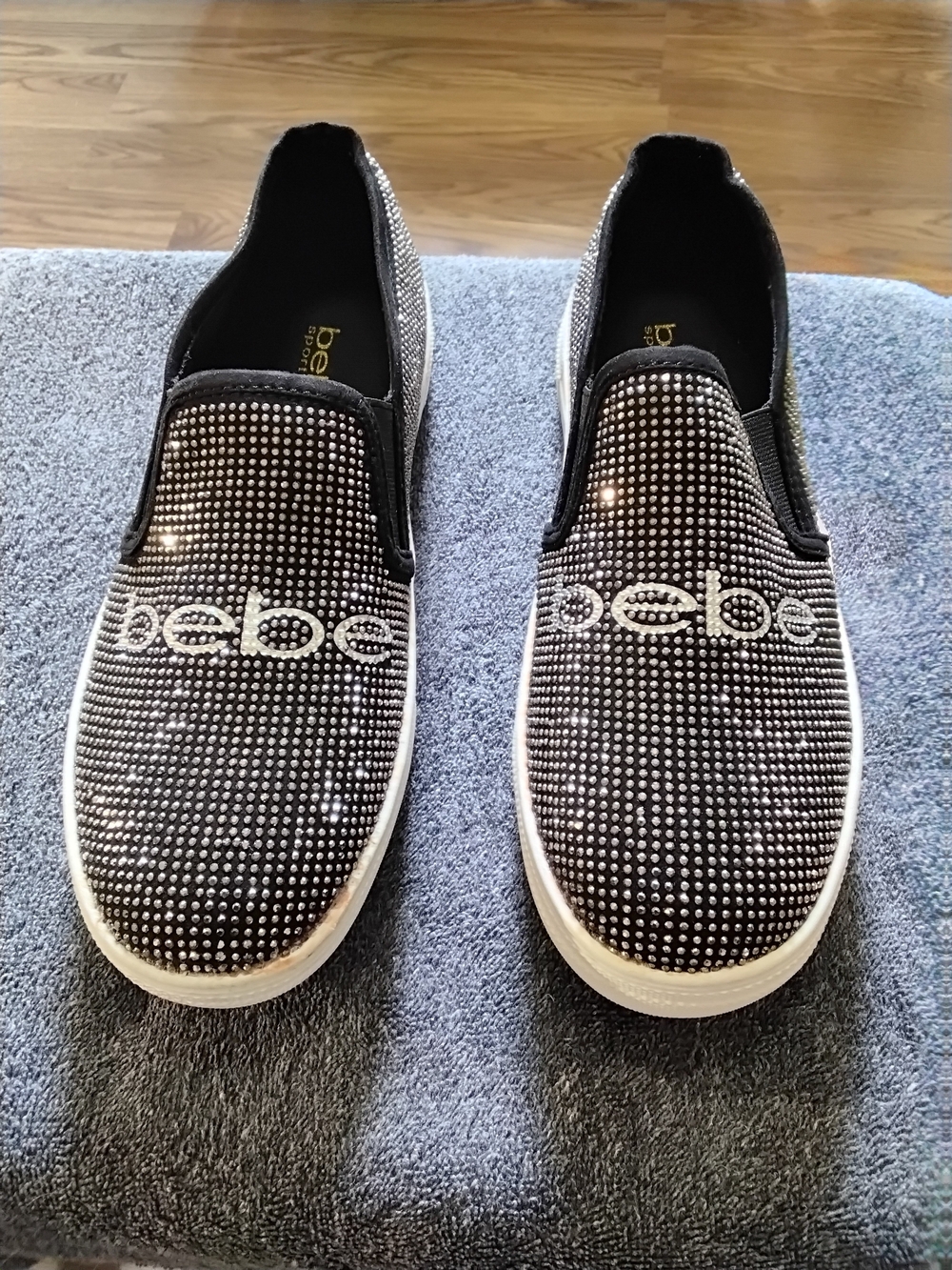 bebe Sport Verina Black Rhinestone Crystal Slip On Platform Sneakers Sz 8.5 M